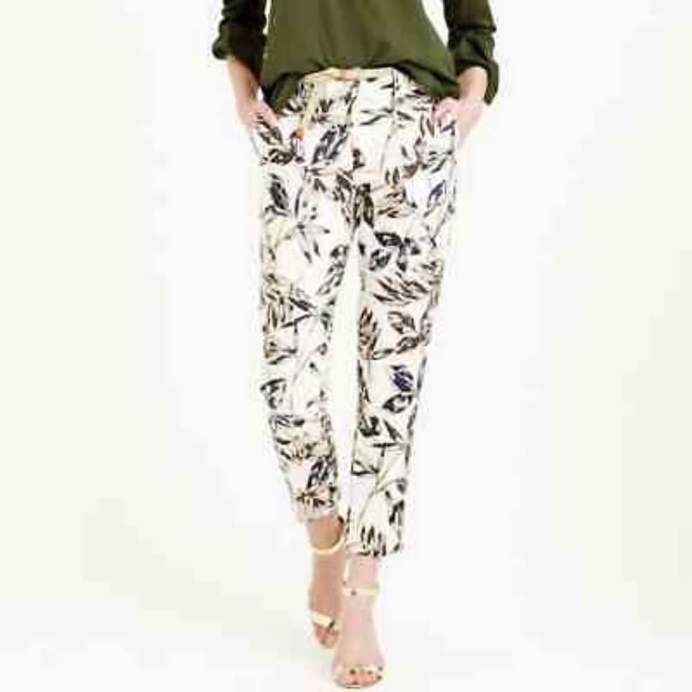 NWOT! Gorgeous J. Crew Linen Metallic Gold 'Garden' Print Pants, Size 2